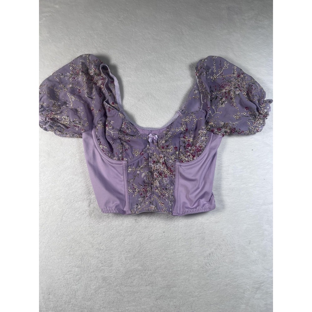 Floral Satin Blouse Womens Small Purple Embroidered Puff Sleeve Crop Top